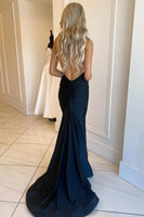 Load image into Gallery viewer, Mermaid Deep V Neck Black Long Prom Dress with Open Back