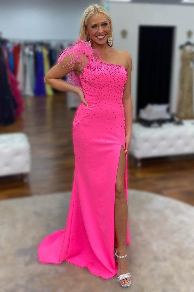 Load image into Gallery viewer, Mermaid One Shoulder Hot Pink Long Prom Dress with Feathers