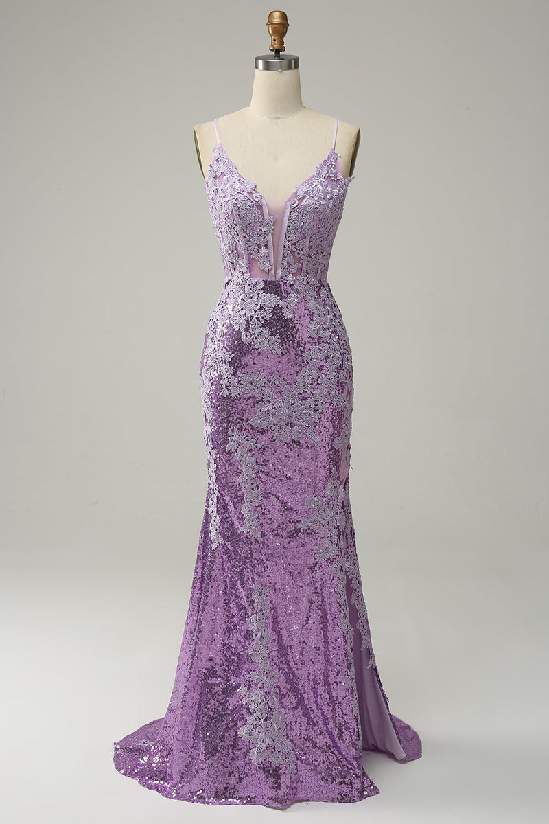 Load image into Gallery viewer, Lavender Sequin Mermaid Prom Dress with Appliques