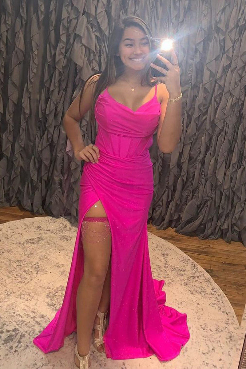 Queendancer Women Hot Pink Corset Prom Dress with Slit Spaghetti Straps  Satin Party Dress – queendanceruk