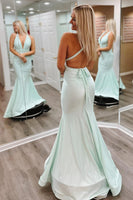 Load image into Gallery viewer, Light Green V-Neck Satin Mermaid Prom Dress