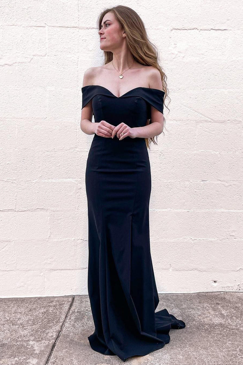 Load image into Gallery viewer, Mermaid Off the Shoulder Black Long Prom Dress with Train