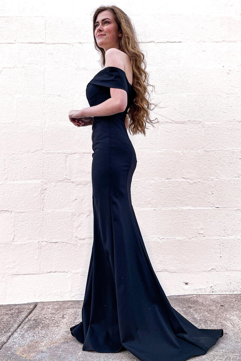 Load image into Gallery viewer, Mermaid Off the Shoulder Black Long Prom Dress with Train