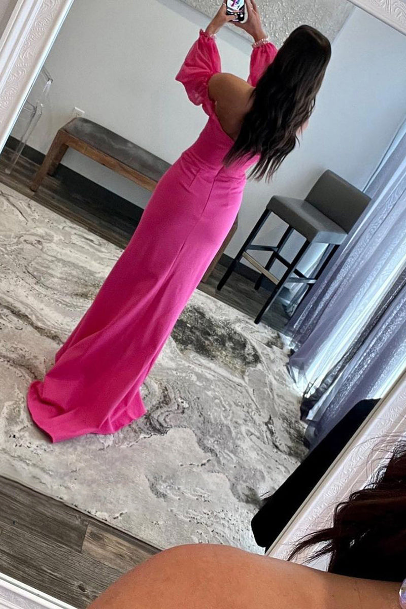 Load image into Gallery viewer, Hot Pink Off The Shoulder Detachale Sleeves Cut Out Prom Dress
