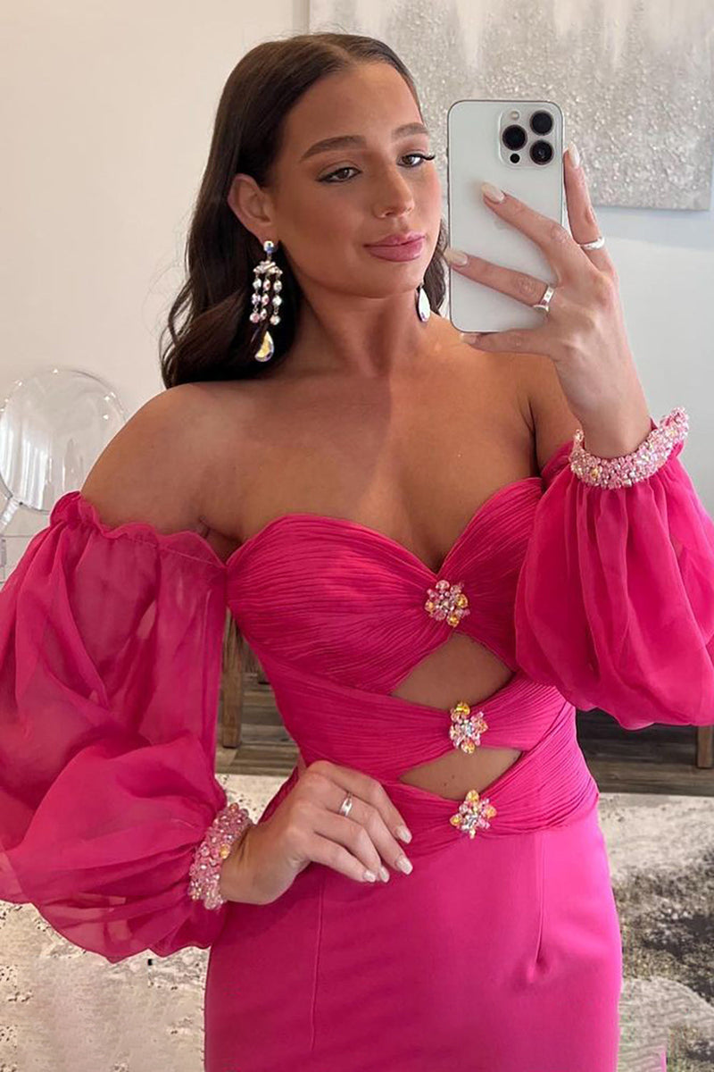 Load image into Gallery viewer, Hot Pink Off The Shoulder Detachale Sleeves Cut Out Prom Dress