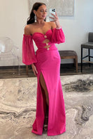 Load image into Gallery viewer, Hot Pink Off The Shoulder Detachale Sleeves Cut Out Prom Dress