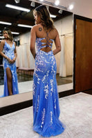 Load image into Gallery viewer, Glitter Blue Mermaid Lace Long Prom Dress with Slit