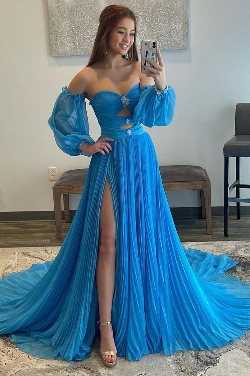 Load image into Gallery viewer, Blue Detachable Sleeves Cut-Out Long Prom Dress with Beading