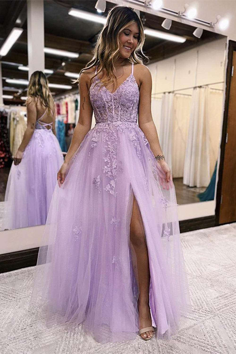 Lilac A-Line Spaghetti Straps Lace Long Prom Dress with Slit