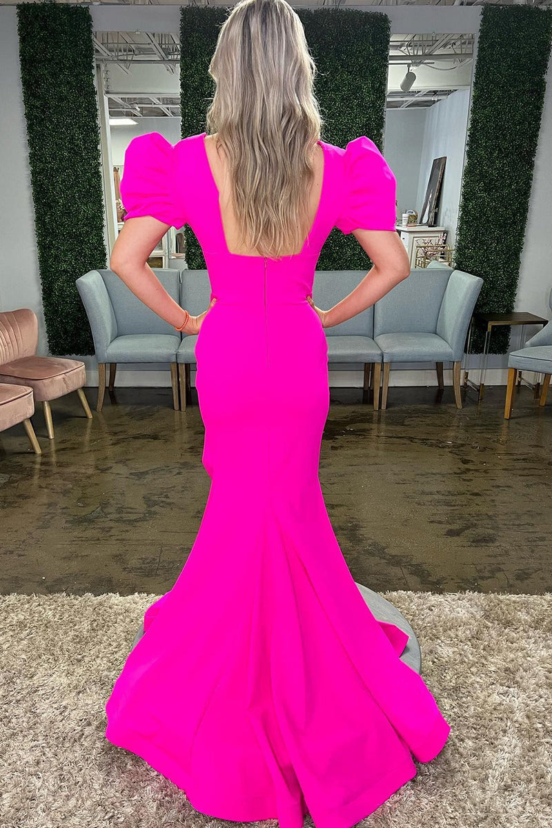 Load image into Gallery viewer, Hot Pink Mermaid Deep V Neck Long Prom Dress with Slit