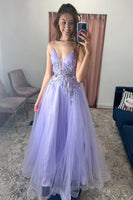 Load image into Gallery viewer, A-Line Tulle Spaghetti Straps Lilac Long Prom Dress with Appliques