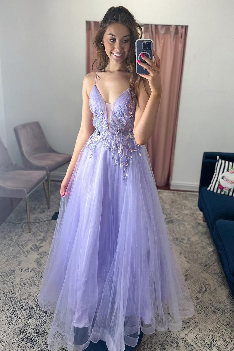 Load image into Gallery viewer, A-Line Tulle Spaghetti Straps Lilac Long Prom Dress with Appliques