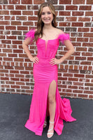 Load image into Gallery viewer, Off The Shoulder Hot Pink Mermaid Long Prom Dress with Feathers