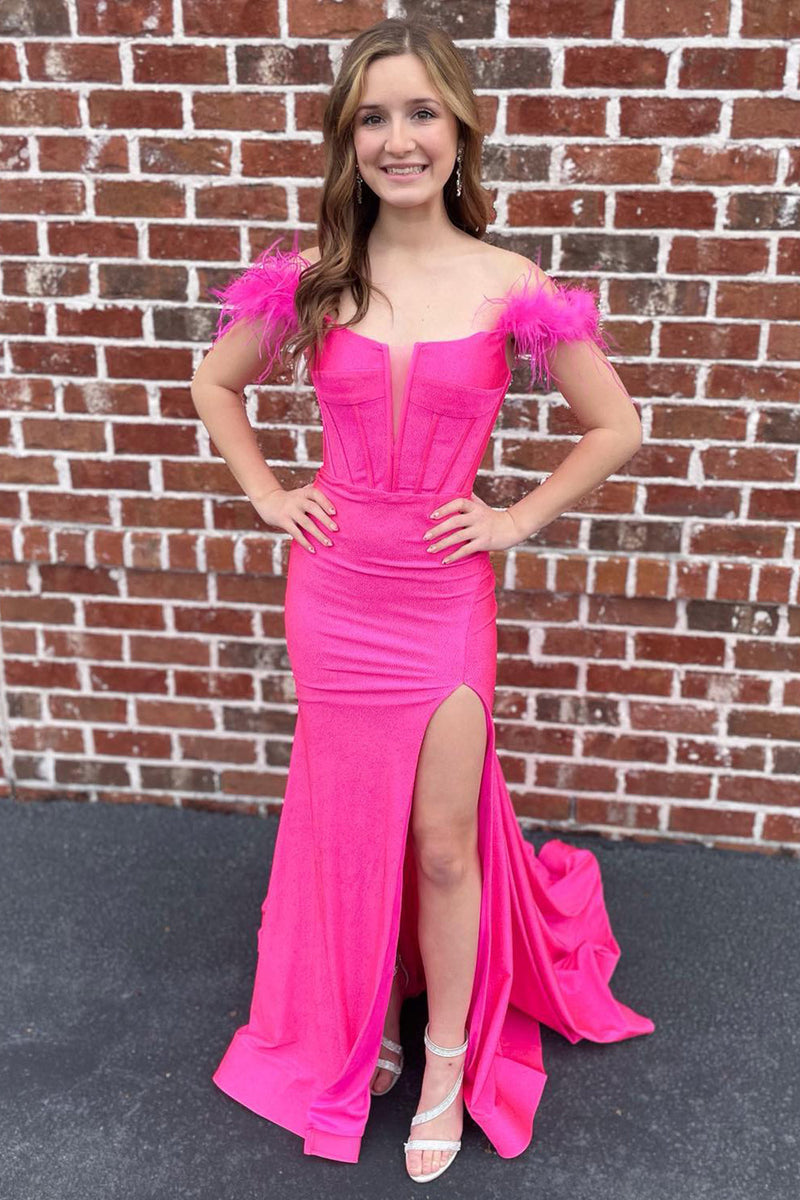 Load image into Gallery viewer, Off The Shoulder Hot Pink Mermaid Long Prom Dress with Feathers