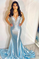 Load image into Gallery viewer, Sparkly Sky Blue Beaded Mermaid Long Prom Dress