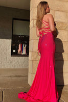 Load image into Gallery viewer, Sparkly Hot Pink Sequins Mermaid Long Prom Dress with Fringes