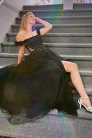 Load image into Gallery viewer, Sparkly Black Tulle Long Prom Dress with Lace