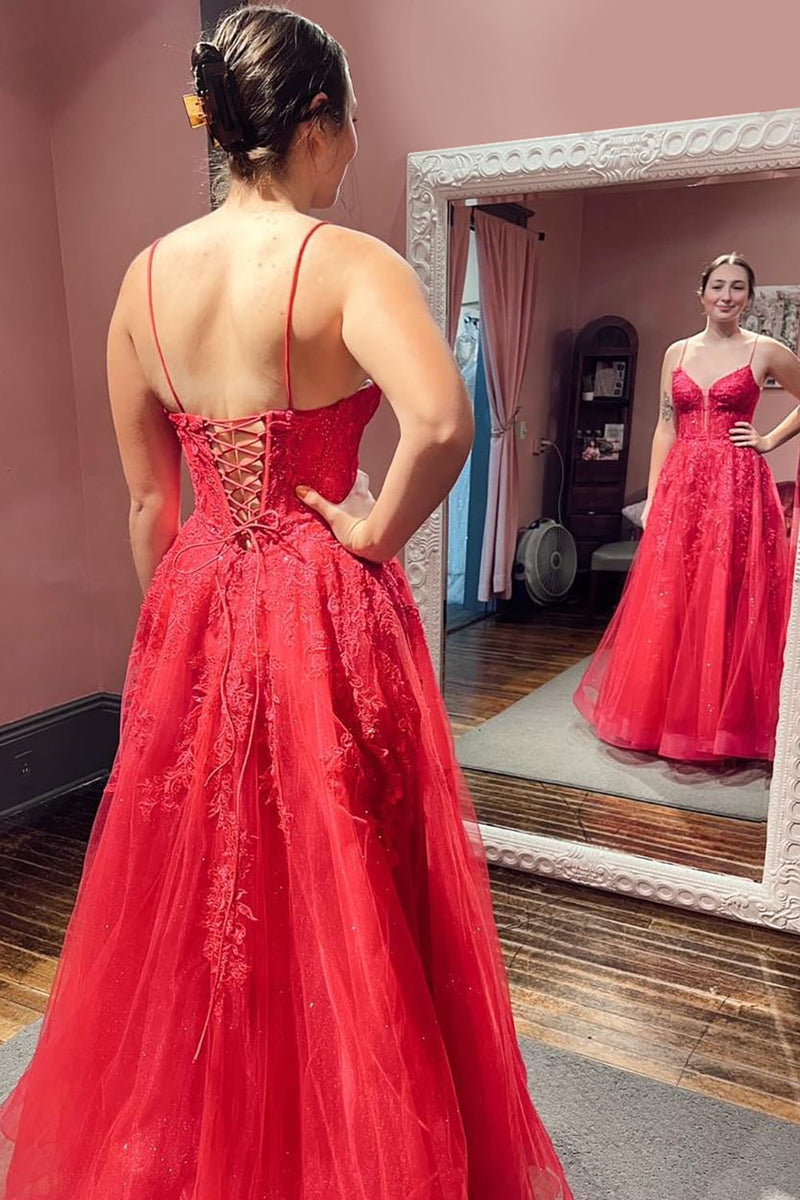 Load image into Gallery viewer, Red A-Line Corset Lace Long Prom Dress