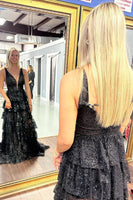 Load image into Gallery viewer, Sparkly Black Tiered Long Prom Dress with Slit