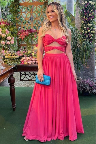 Cut Out Strapless Hot Pink Long Bridesmaid Dress