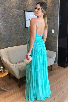 Teal Blue Tiered Spaghetti Straps Long Bridesmaid Dress