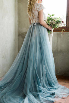 Tulle A-Line Grey Blue Long Bridesmaid Dress with Lace