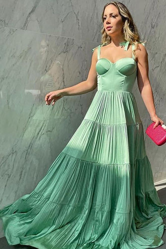 A-Line Spaghetti Straps Green Corset Bridesmaid Dress with Bows