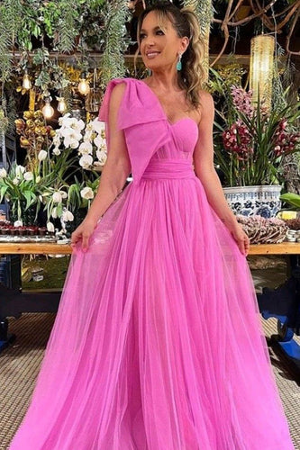 Tulle One Shoulder Hot Pink Long Bridesmaid Dress