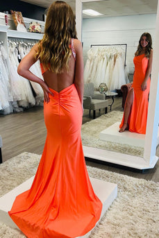 Orange Mermaid One Shoulder Open Back Long Prom Dress with Slit