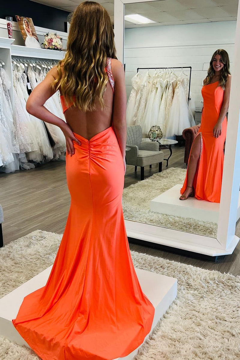 Load image into Gallery viewer, Orange Mermaid One Shoulder Open Back Long Prom Dress with Slit