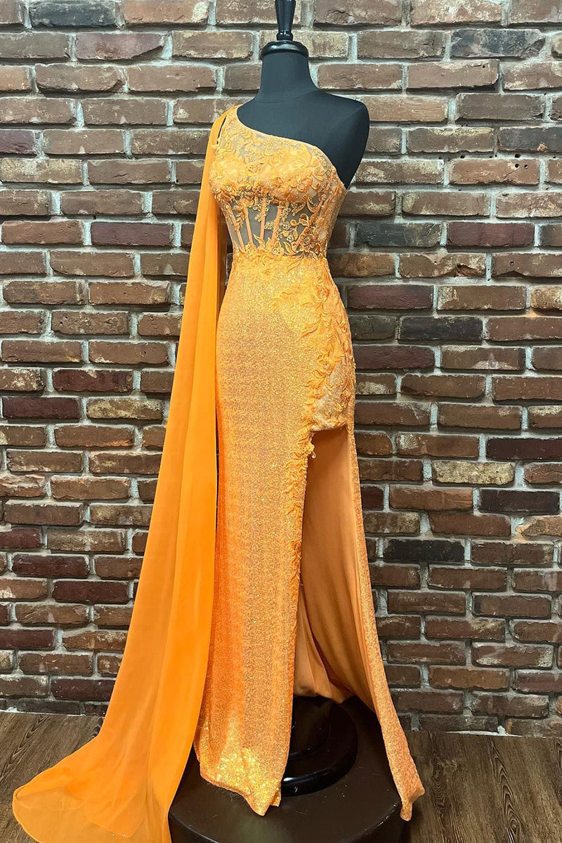Load image into Gallery viewer, Sparkly Orange Corset One Shoulder Long Prom Dress with Deatchable Train