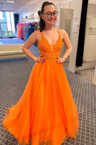 Orange A-Line V-Neck Long Tulle Prom Dress with Lace