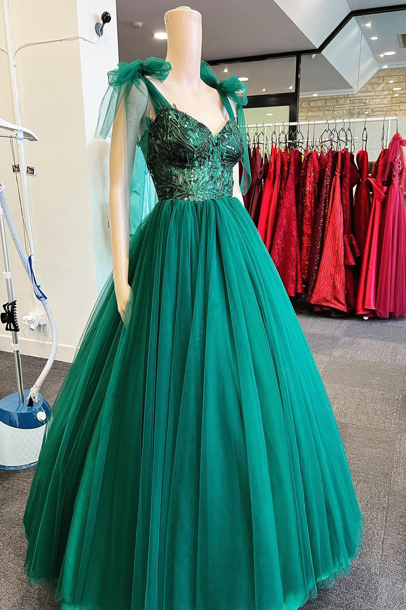Load image into Gallery viewer, Tulle Spaghetti Straps Lace-Up Green Long Prom Dress