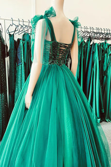 Tulle Spaghetti Straps Lace-Up Green Long Prom Dress