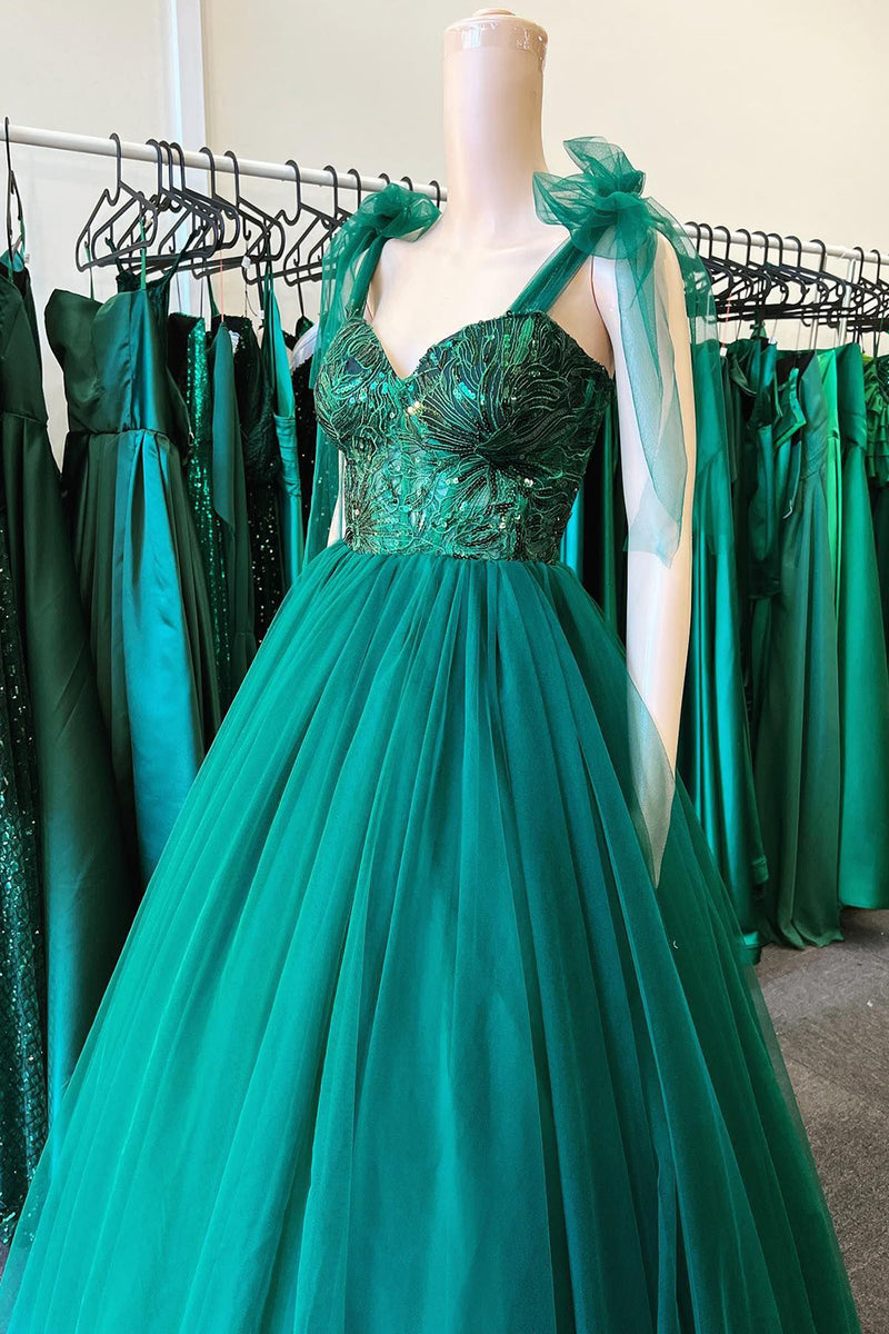 Load image into Gallery viewer, Tulle Spaghetti Straps Lace-Up Green Long Prom Dress