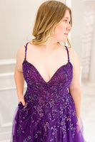 Load image into Gallery viewer, Plus Size Tulle Spaghetti Straps Purple Long Prom Dress with Beading