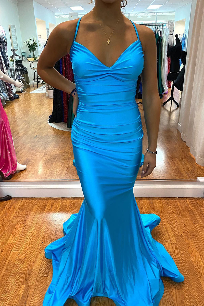 Load image into Gallery viewer, Mermaid Lace-Up Back Blue Long Prom Dress