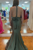 Load image into Gallery viewer, Mermaid Halter Backless Grey Green Long Prom Dress
