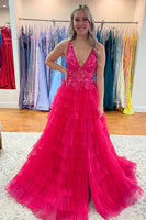 Load image into Gallery viewer, V-Neck Tiered Hot Pink Long Prom Dress with Slit