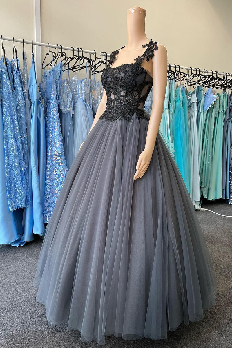 Load image into Gallery viewer, Tulle Black Corset Long Prom Dress with Appliques