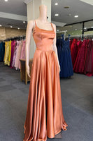 Load image into Gallery viewer, Orange A-line Satin Long Prom Dress