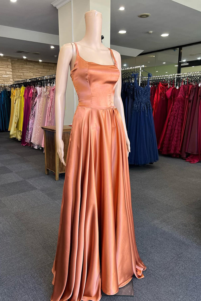 Load image into Gallery viewer, Orange A-line Satin Long Prom Dress