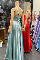 Load image into Gallery viewer, Sage A-line Satin Long Prom Dress