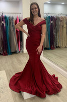 Load image into Gallery viewer, Off The Shoulder Mermaid Burgundy Long Prom Dress