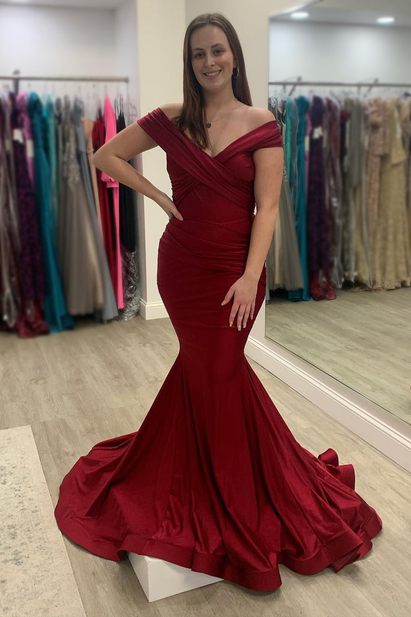 Load image into Gallery viewer, Off The Shoulder Mermaid Burgundy Long Prom Dress