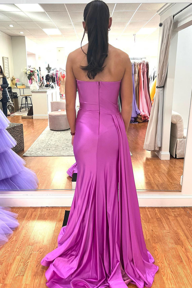 Load image into Gallery viewer, Strapless Satin Hot Pink Long Prom Dress with Slit