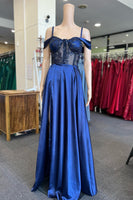Load image into Gallery viewer, Cold Shoulder Royal Blue Corset Prom Dress with Slit