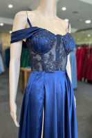 Load image into Gallery viewer, Cold Shoulder Royal Blue Corset Prom Dress with Slit