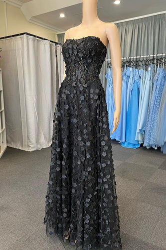 A-Line Strapless Sparkly Black Corset Prom Dress with Appliques