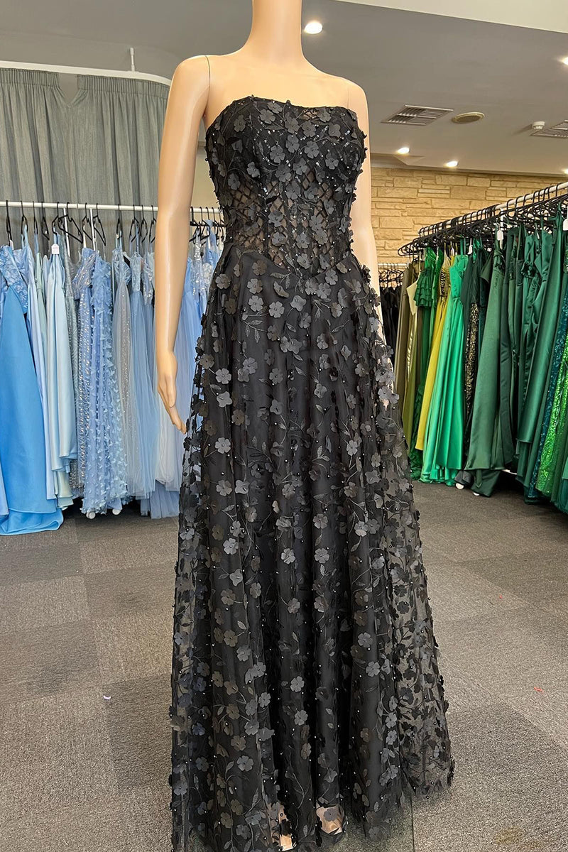 Load image into Gallery viewer, A-Line Strapless Sparkly Black Corset Prom Dress with Appliques